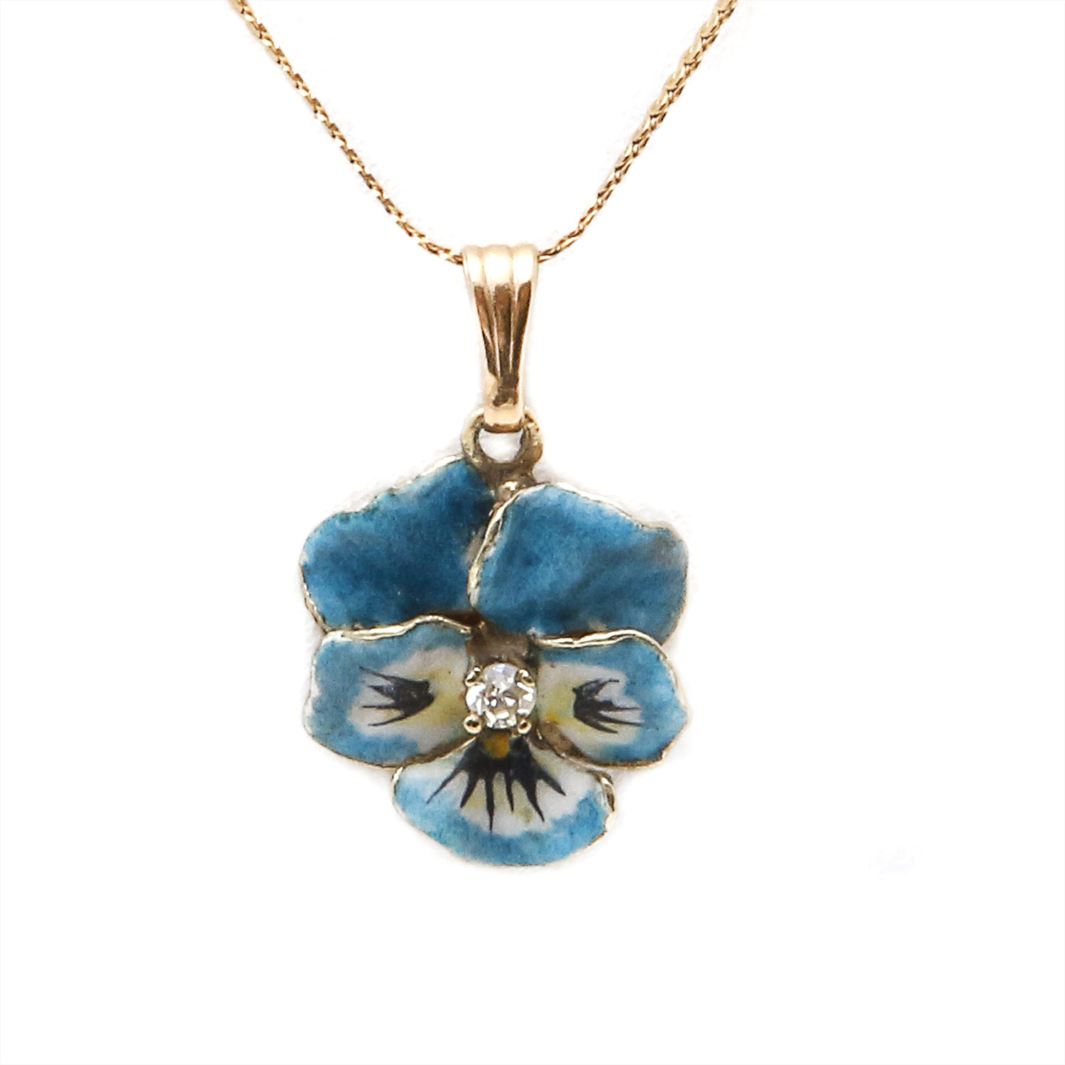 14K Yellow Gold and Diamond Enameled Pansy Necklace EBTH