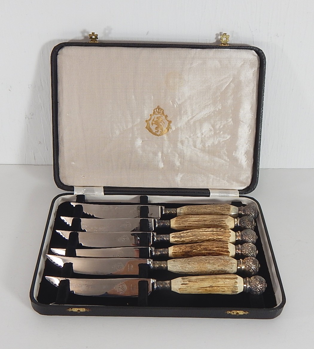 Harrison Fisher Sheffield Stag Handled Steak Knife Set with Box EBTH