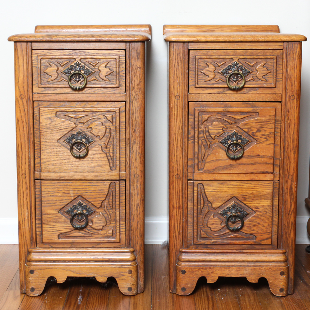 Pair of Carved Oak Nightstands EBTH