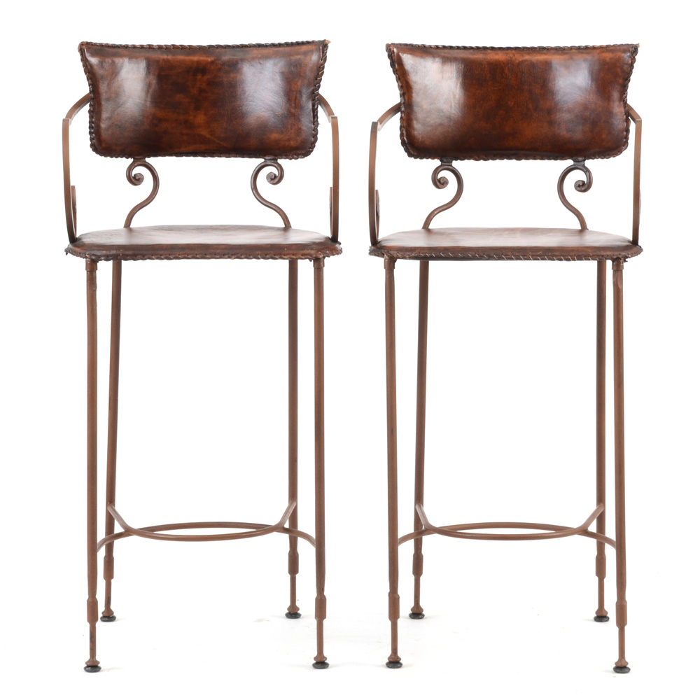 Pair of Wrought Iron and Leather Bar Stools EBTH