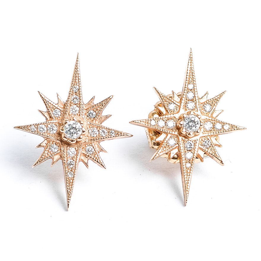 18k Rose Gold And Diamond Starburst Earrings Ebth 18k Rose Gold And Diamond Starburst Earrings