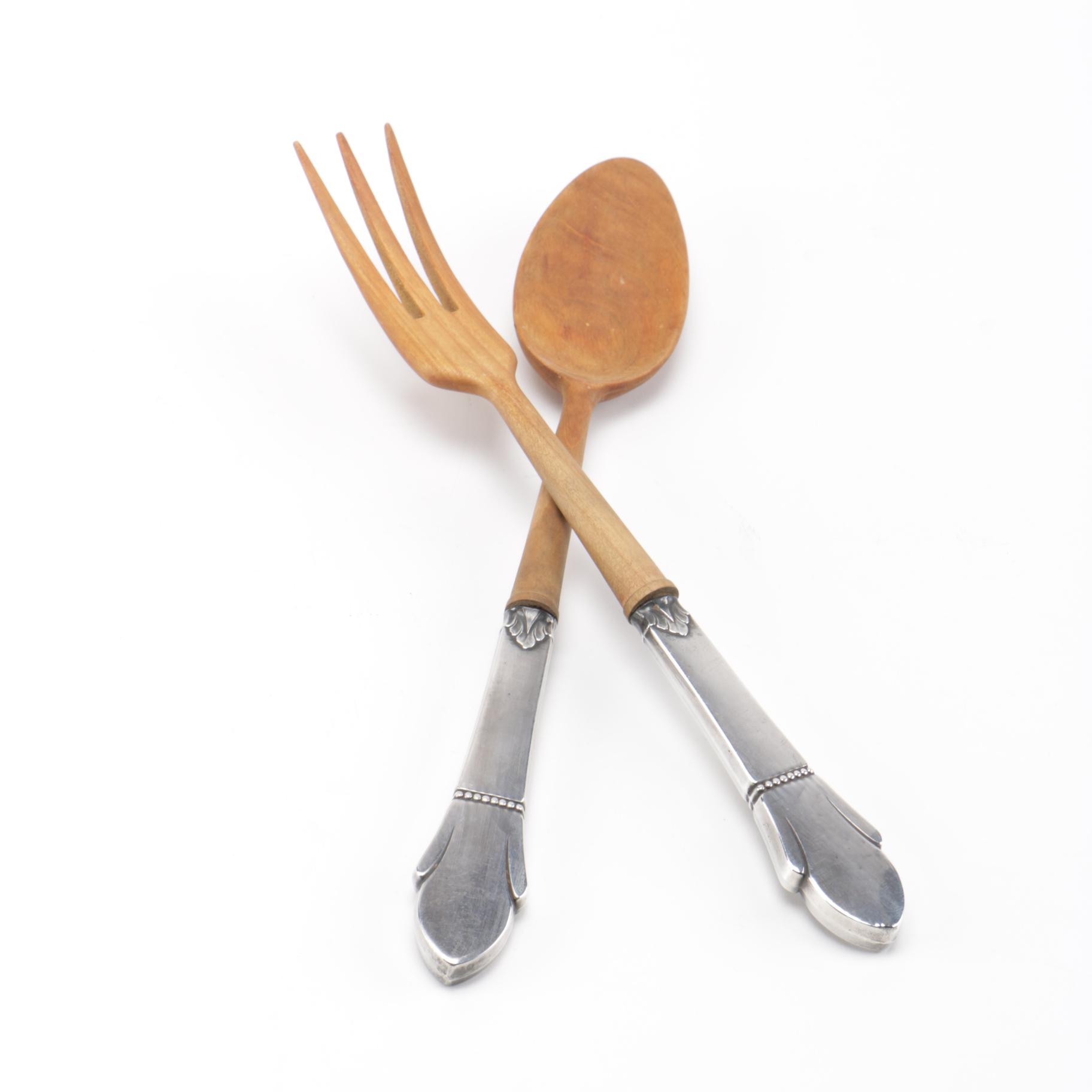 Salad Fork and Spoon Servers With Sterling Silver Handles EBTH