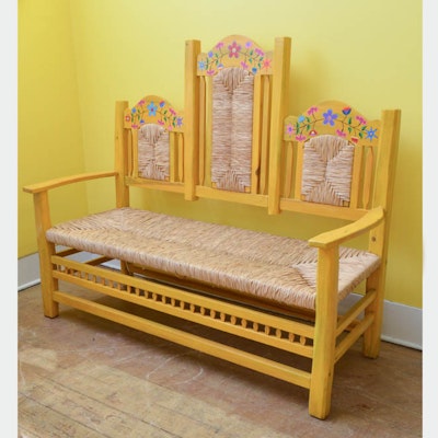 Online Furniture Auctions Vintage Furniture Auction Antique Hand Painted Mexican Pine Bench with Tula Rush Woven Seat - Online Furniture Auctions Vintage Furniture Auction Antique