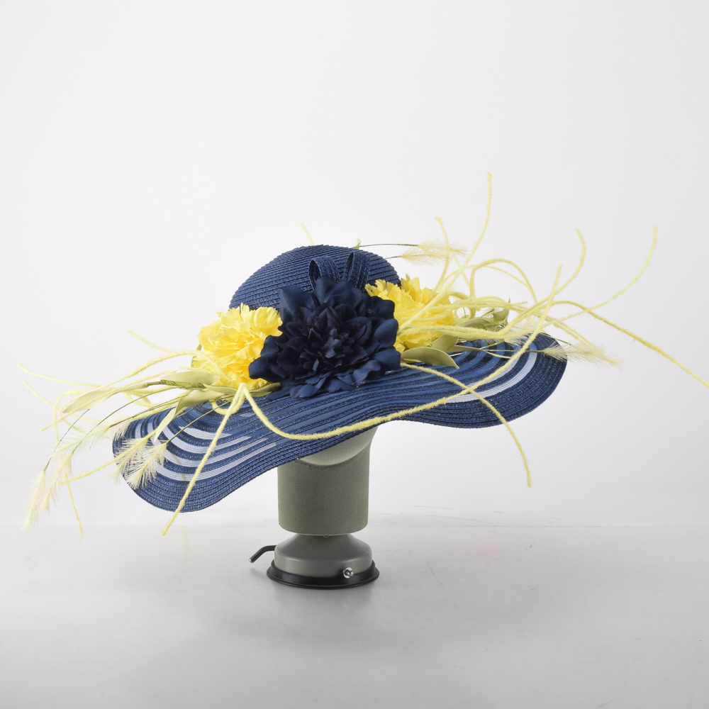 Whimsical Navy and Yellow Woven Paper Derby Hat EBTH