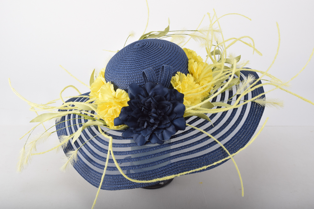 Whimsical Navy and Yellow Woven Paper Derby Hat EBTH