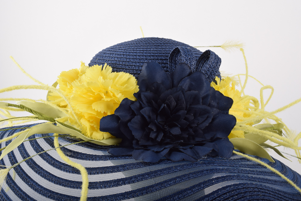 Whimsical Navy and Yellow Woven Paper Derby Hat EBTH