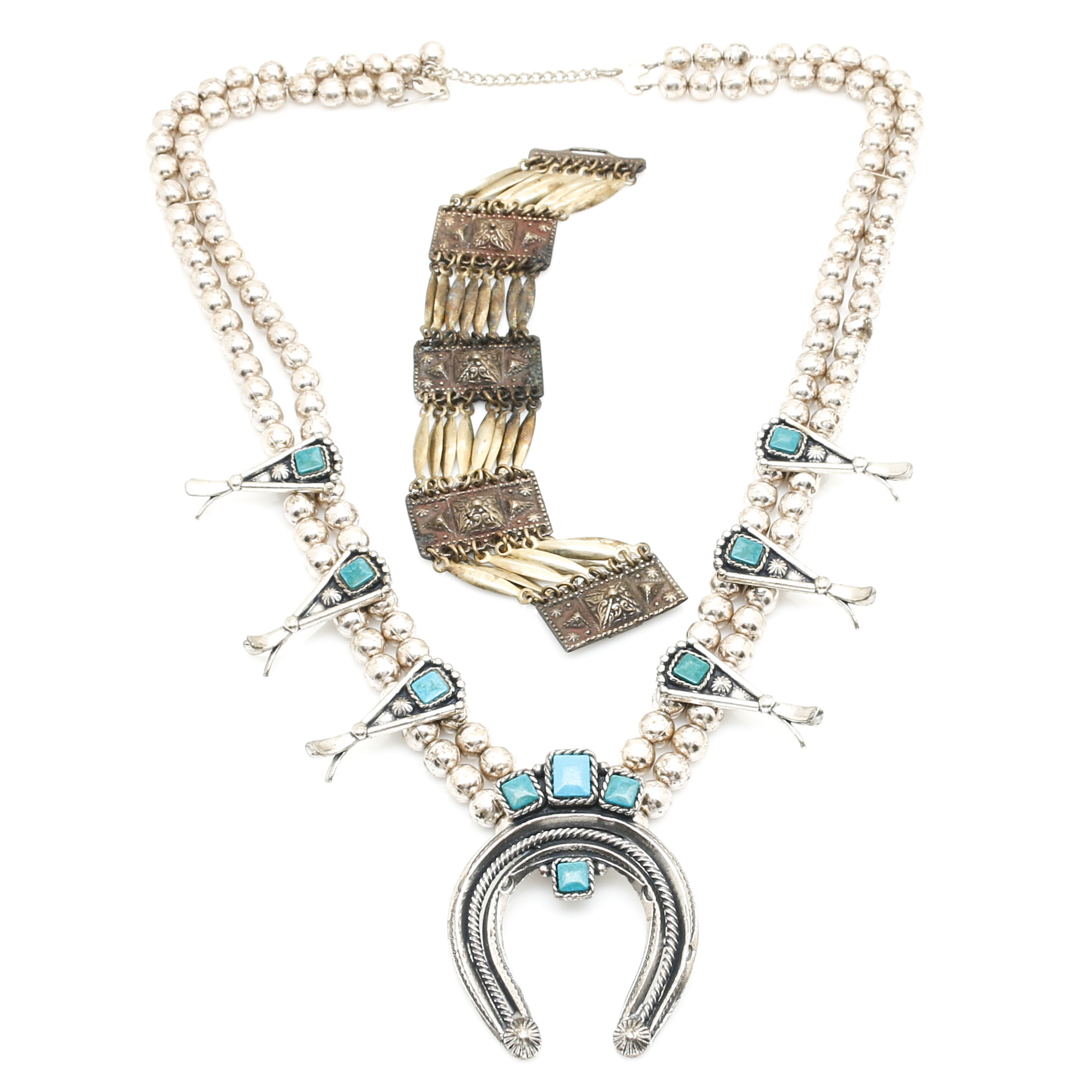 Sancrest Squash Blossom Faux Turquoise Necklace With Gold Tone Bracelet
