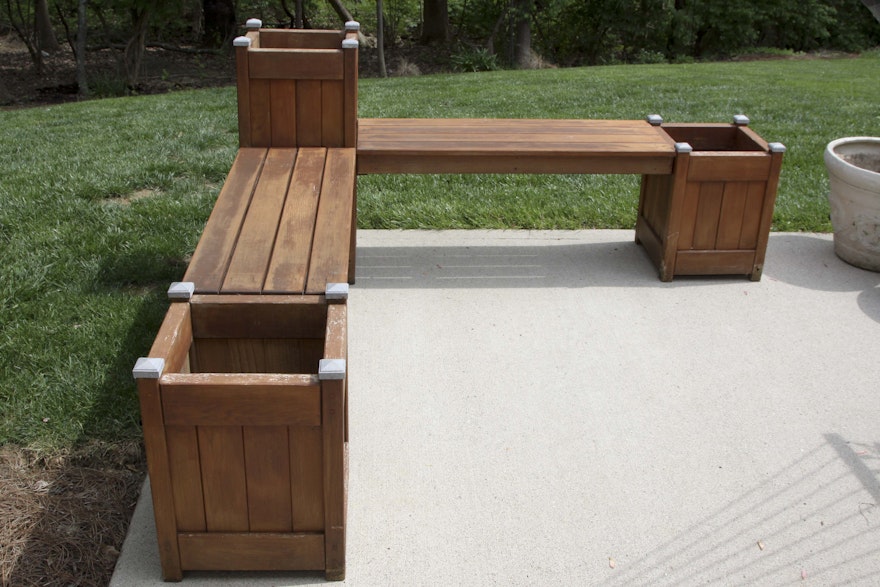 wooden garden outdoor decking bench seat with planters