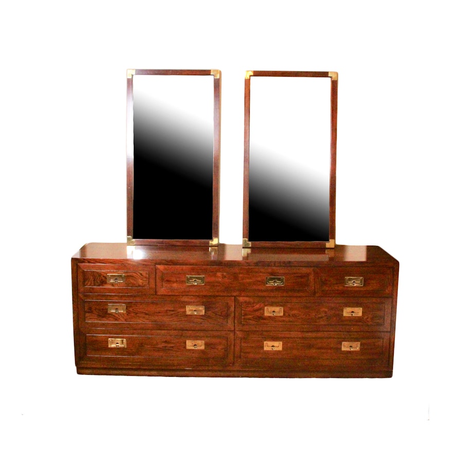 Henredon Campaign Style Dresser And Mirrors Ebth