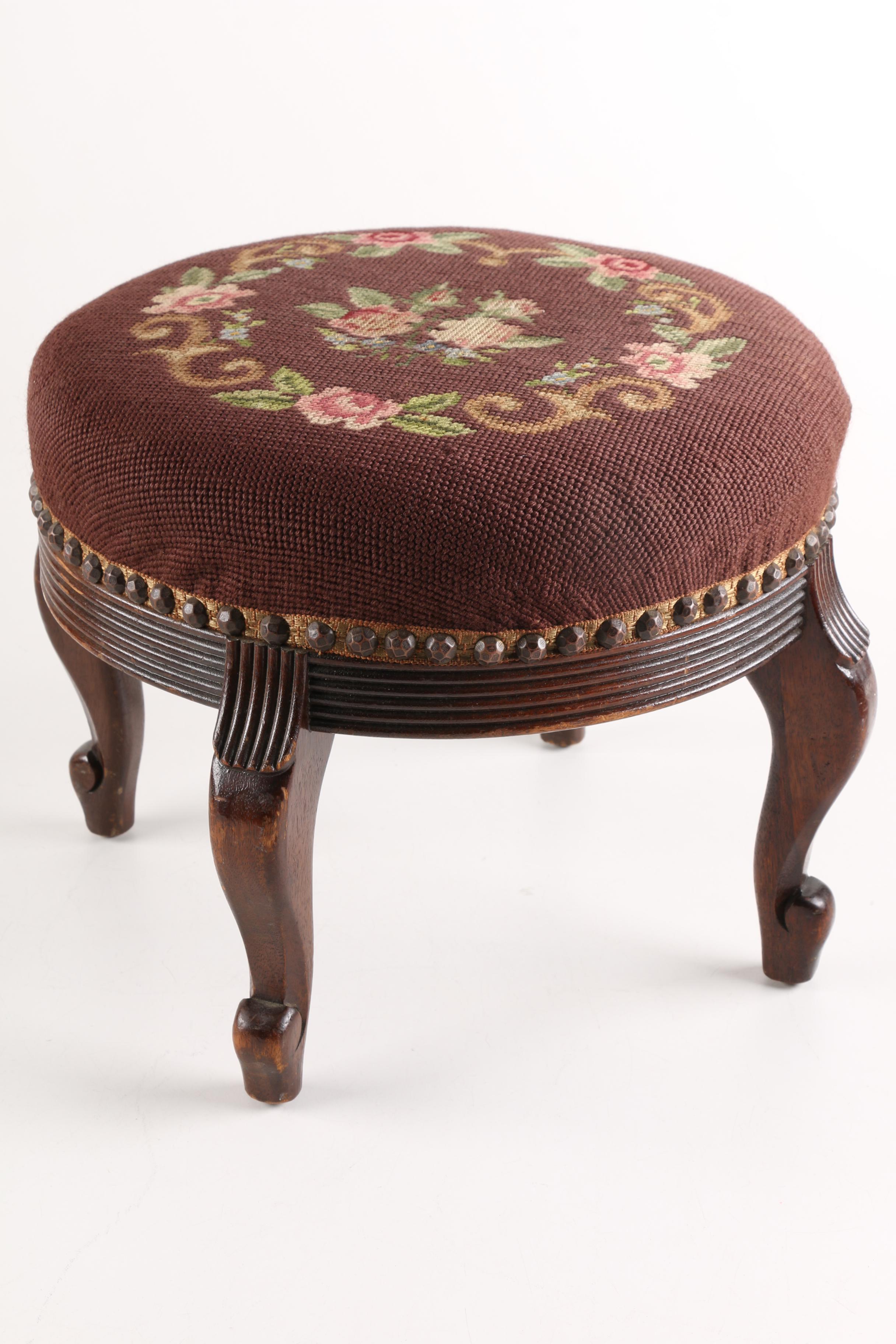 Antique Needlepoint Footstool EBTH