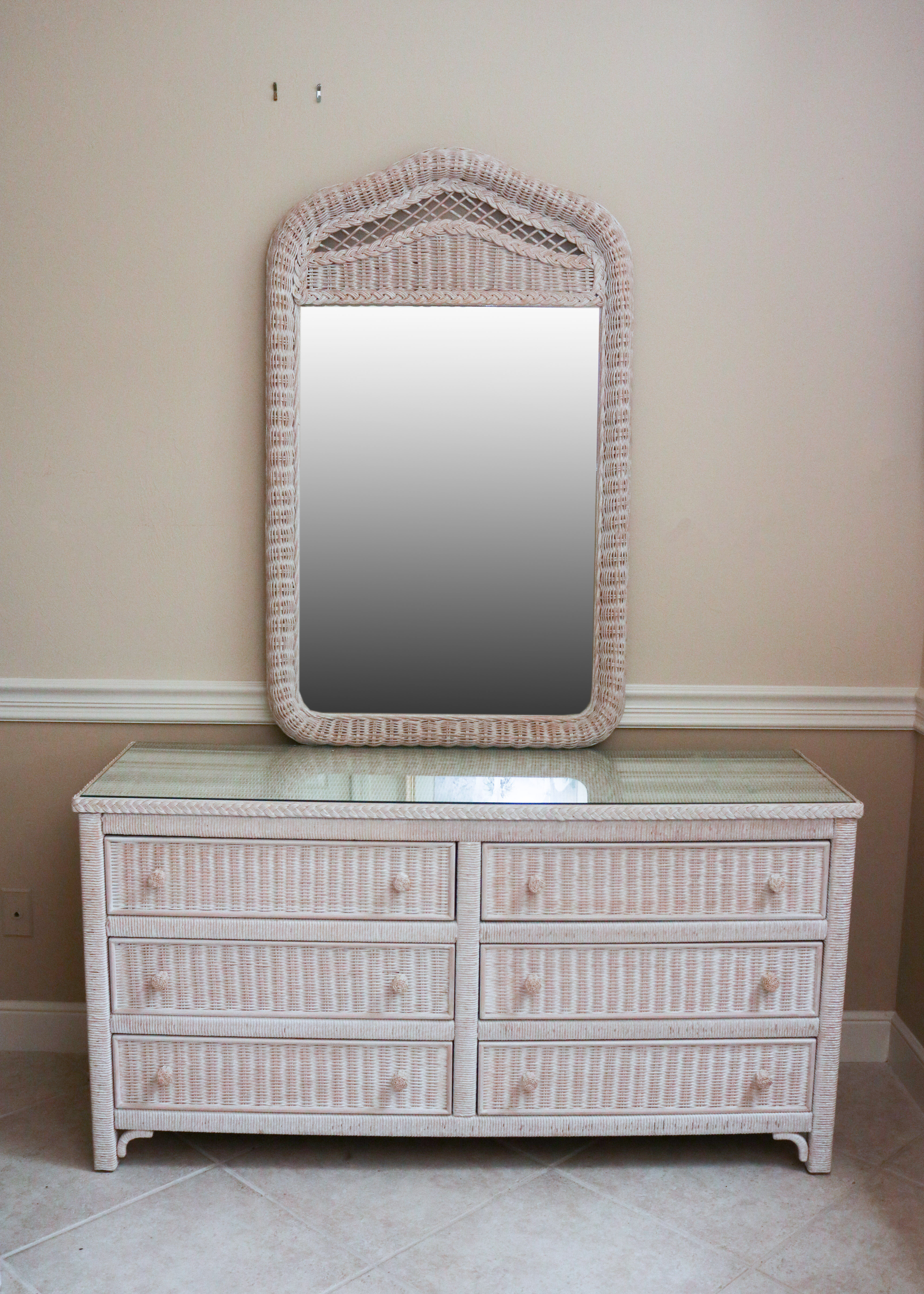 Lexington Furniture White Wicker Dresser, Mirror, and Nightstands EBTH