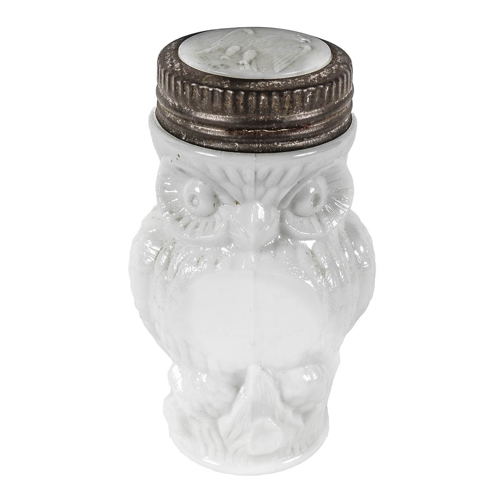 Antique Owl Shaped Milk Glass Mustard Jar EBTH
