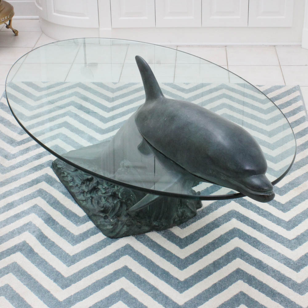 Glass Top Cast Metal Dolphin Coffee Table EBTH
