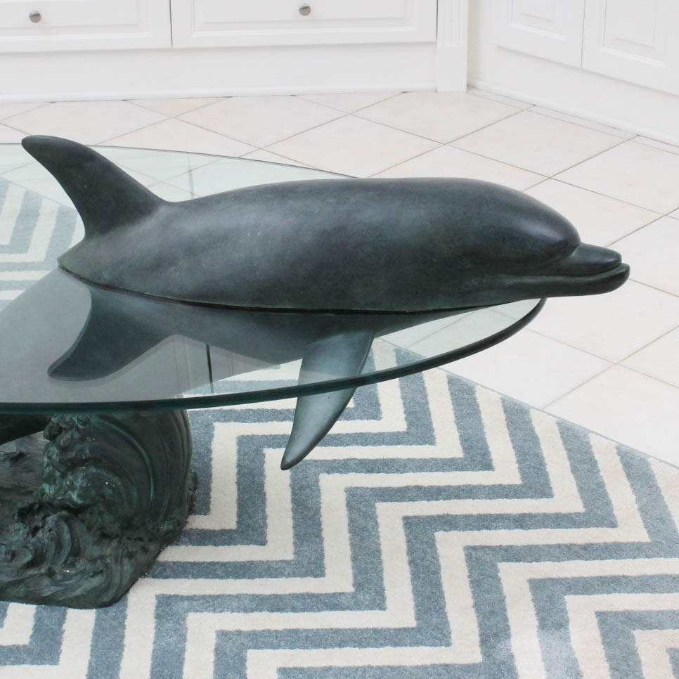 Glass Top Cast Metal Dolphin Coffee Table EBTH