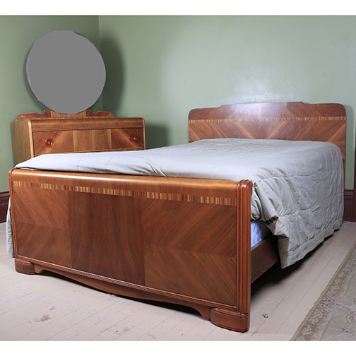 Art Deco Waterfall Dresser and Full Size Headboard and Footboard 