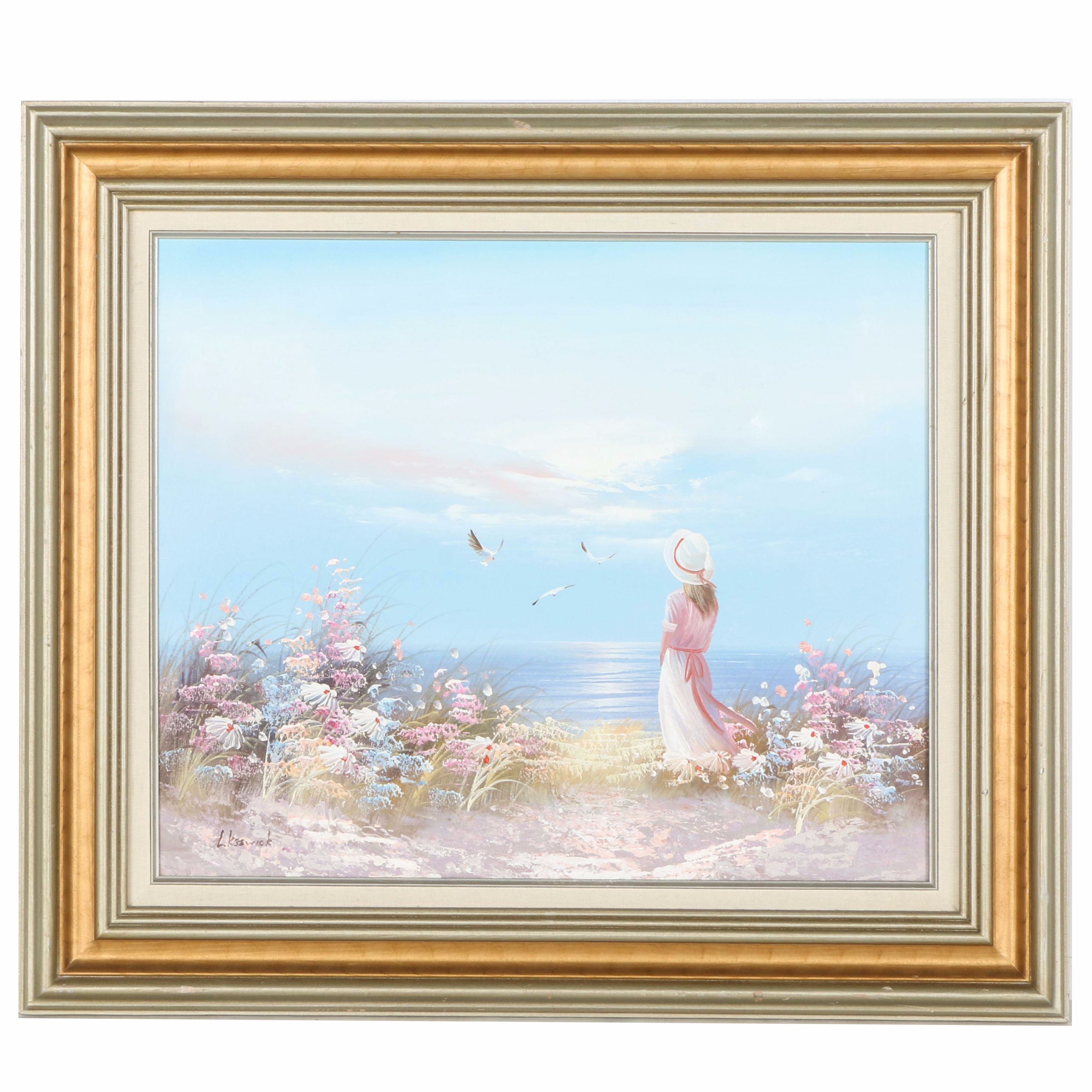 L. Keswick Oil Painting of a Girl at the Beach EBTH