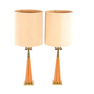 Mid Century Modern Teak and Brass Table Lamps