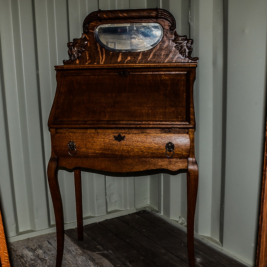 Antique Oak Secretary Desk With Mirror Ebth