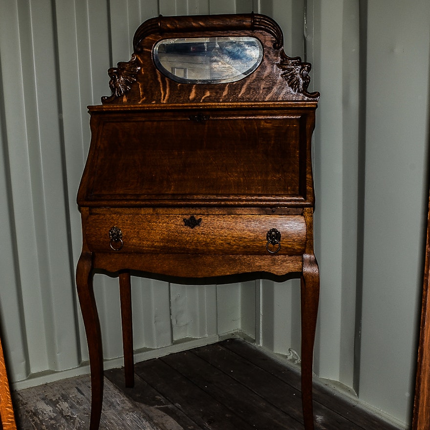 Antique Oak Secretary Desk With Mirror Ebth