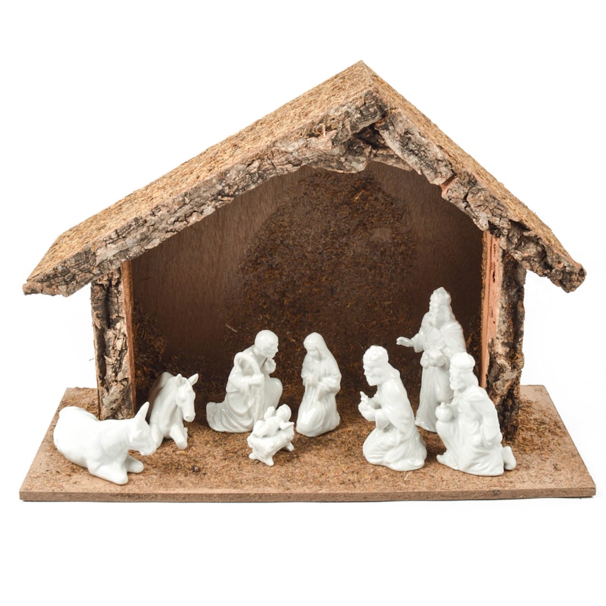 Fitz And Floyd White Porcelain Nativity Set And Creche