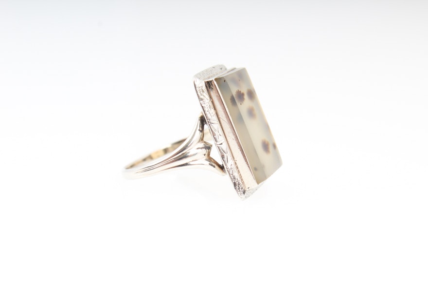 10K White Gold Natural Moss Agate Ring | EBTH