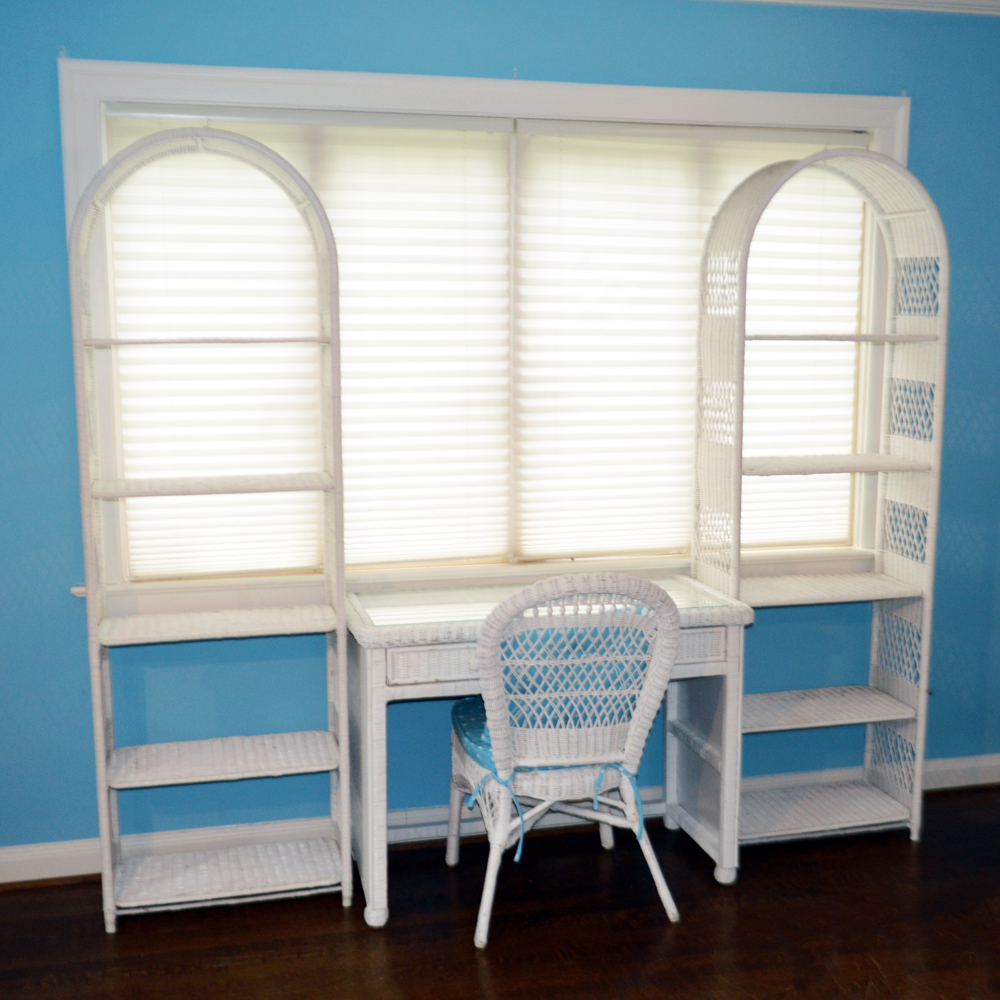 White Wicker Desk Chair And Bookcases Ebth