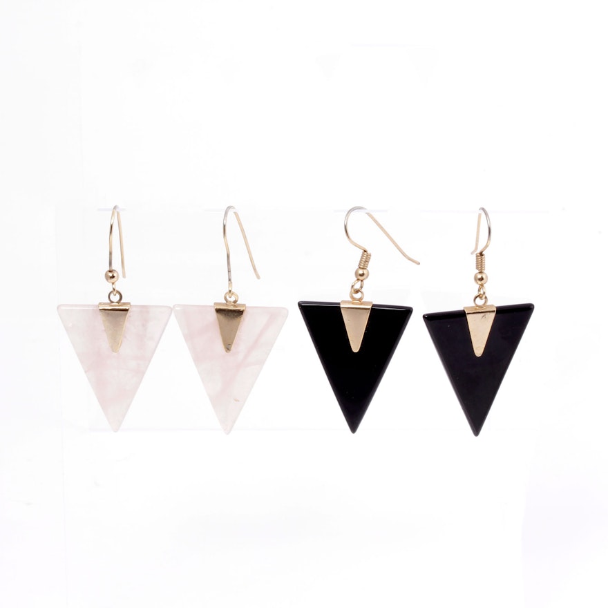Vintage Gold Plated Earrings with Black Onyx and Rose Quartz