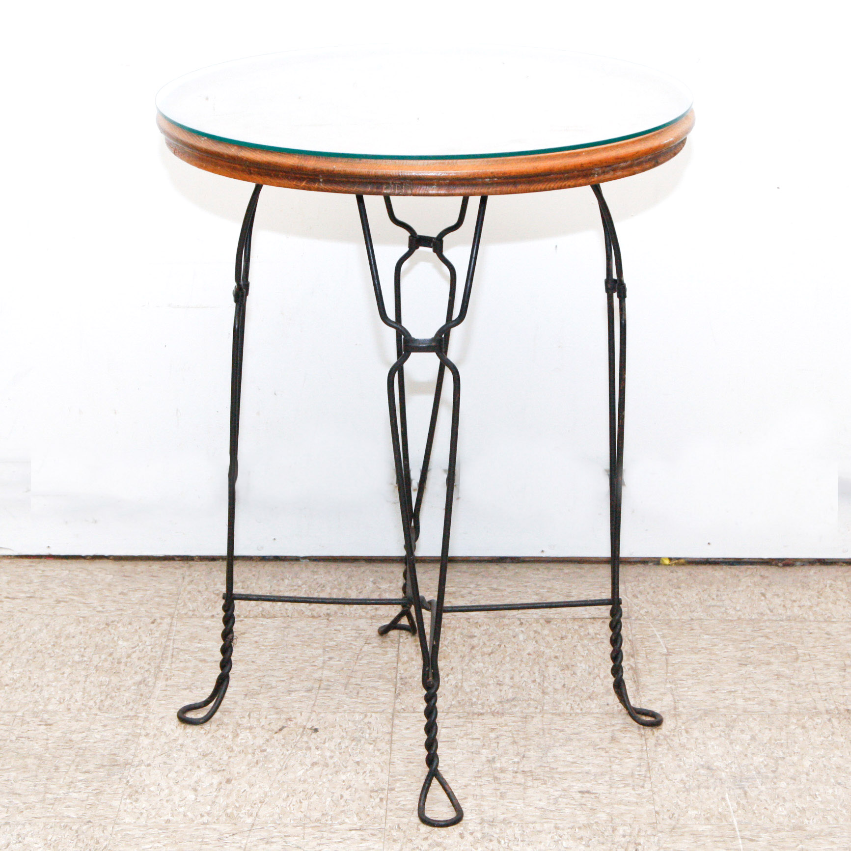 Round Oak and Wrought Iron Side Table with Glass Top EBTH