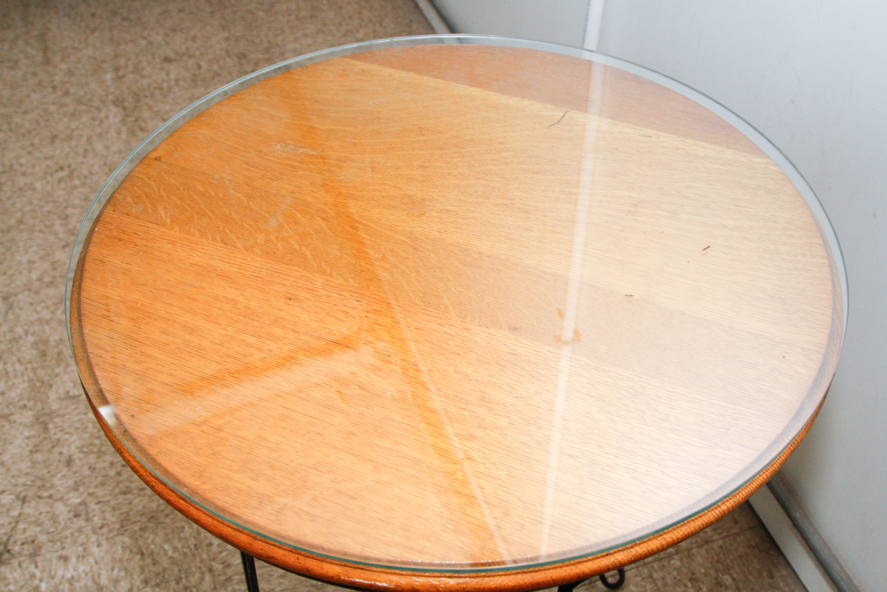 Round Oak and Wrought Iron Side Table with Glass Top EBTH