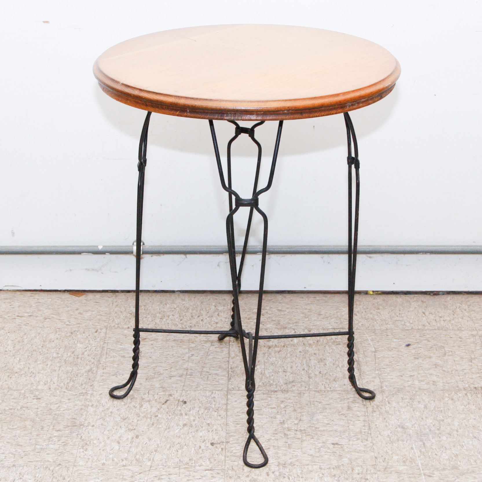Round Oak and Wrought Iron Side Table with Glass Top EBTH