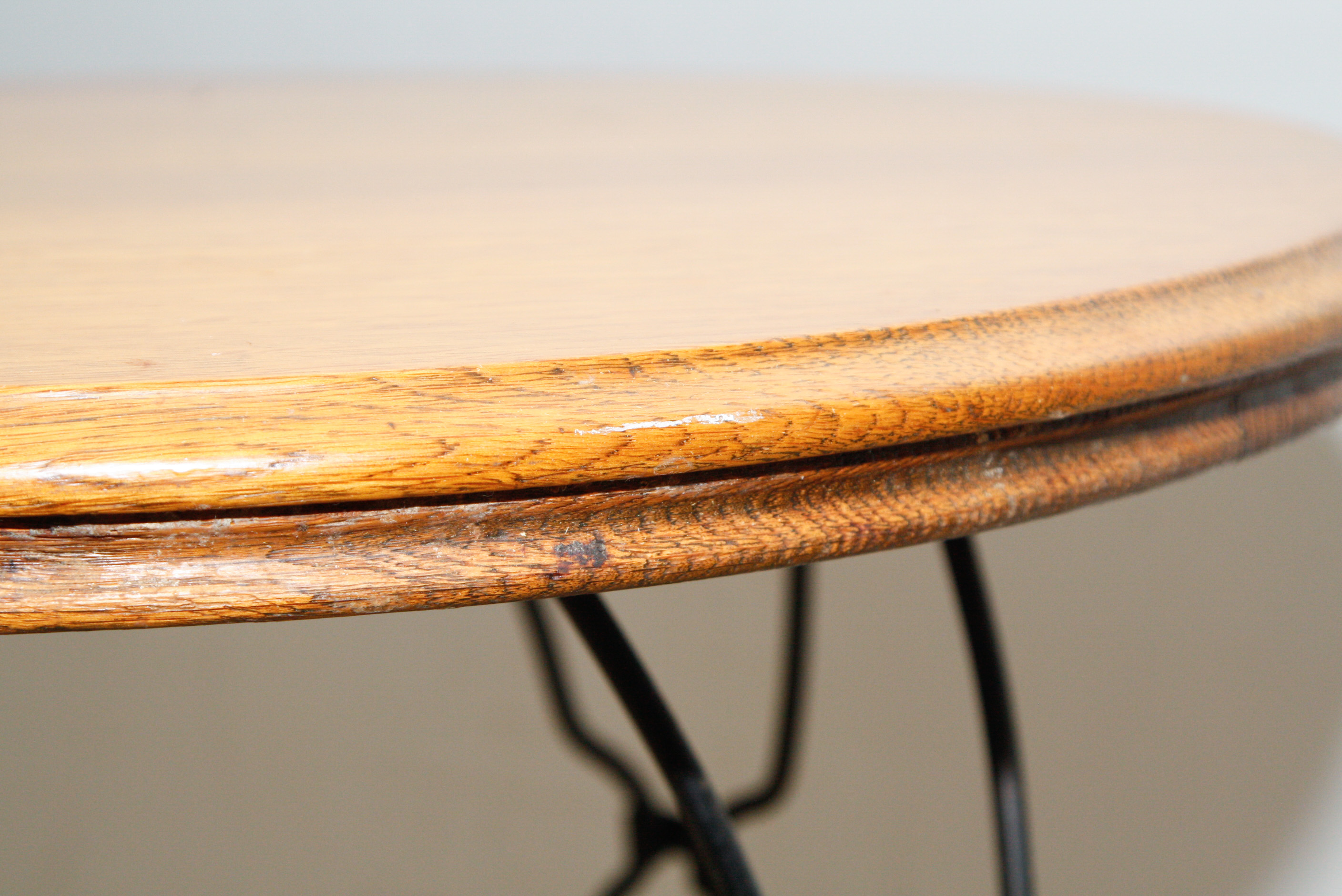 Round Oak and Wrought Iron Side Table with Glass Top EBTH