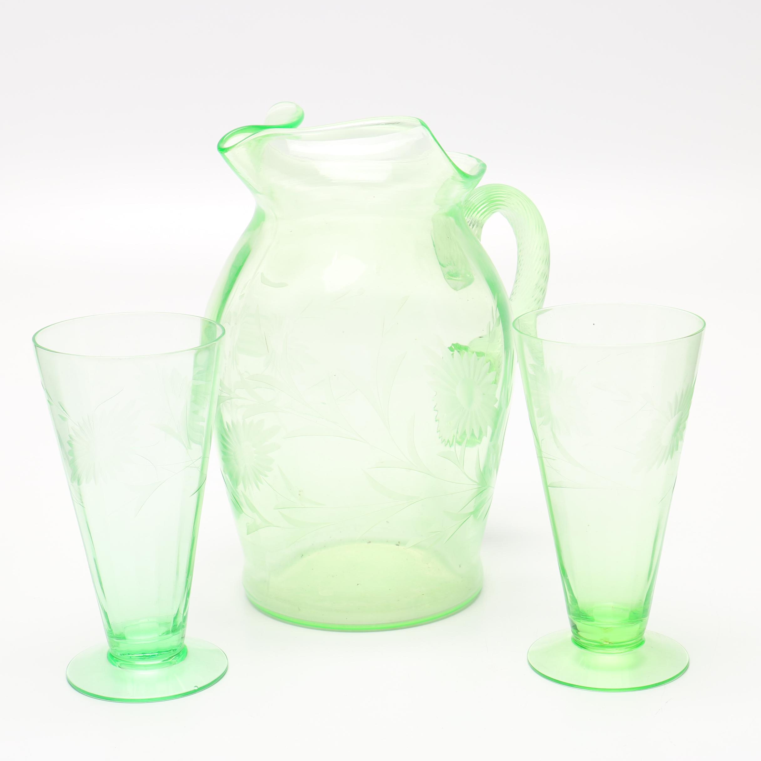 Vaseline Glass Pitcher & Glasses EBTH