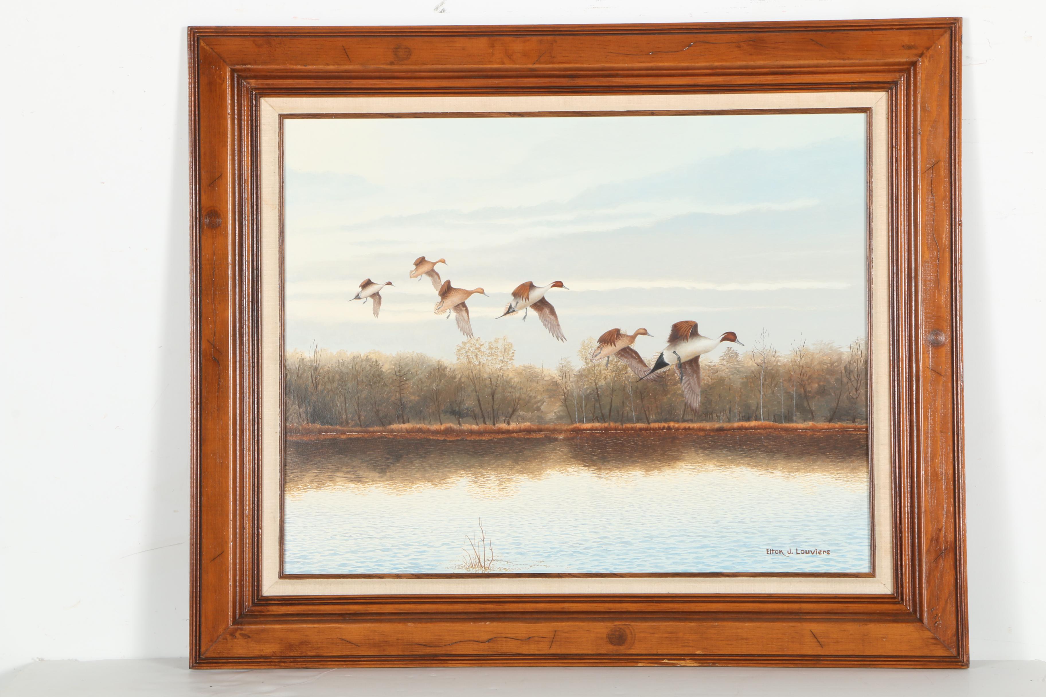 Elton J. Louviere Oil on Board Painting of Ducks Flying Over Water EBTH