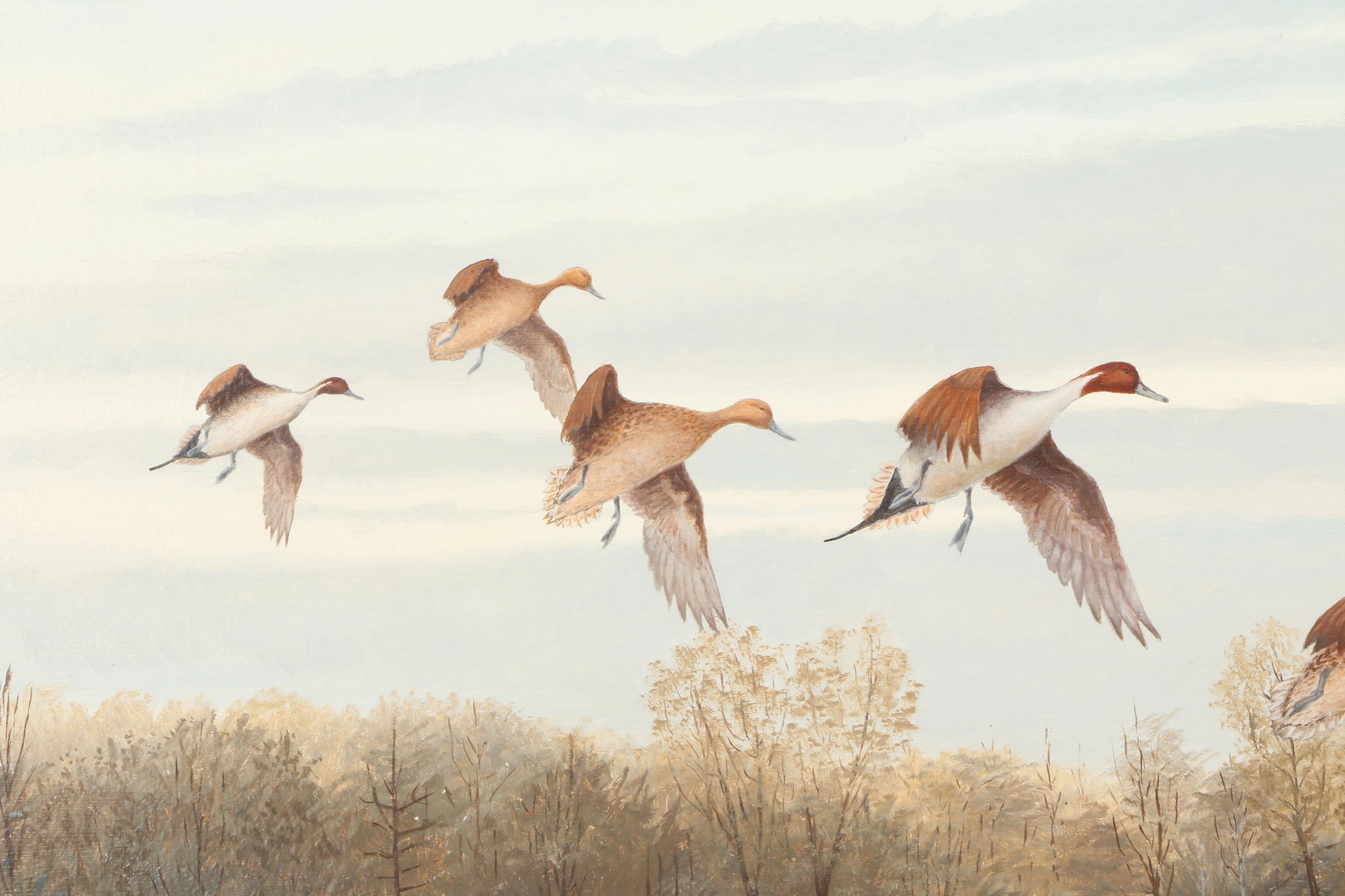 Elton J. Louviere Oil on Board Painting of Ducks Flying Over Water EBTH