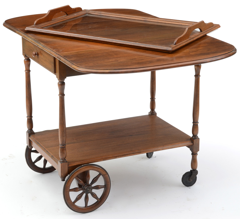 Vintage Wooden Tea Cart with Glass Tray Top EBTH
