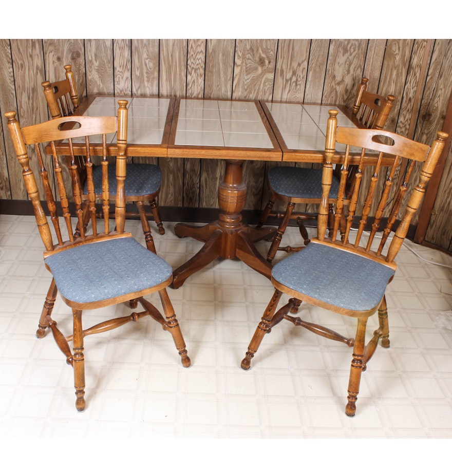 Wooden Tile Top Dining Table And Chairs Ebth Wooden Tile Top Dining Table And Chairs