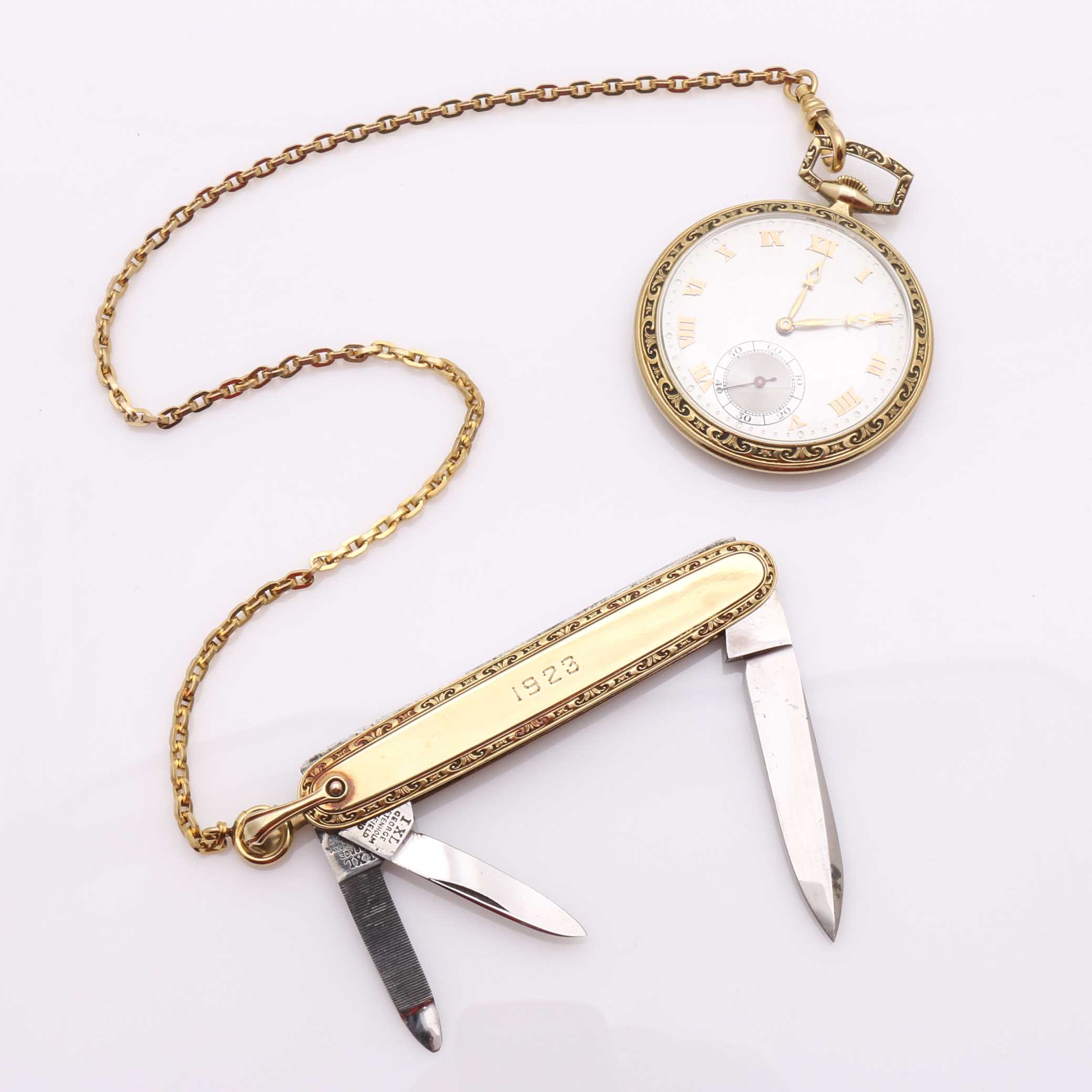 14K Gold Pocket Watch, 14K Wostenholm Pocket Knife, and Simmons