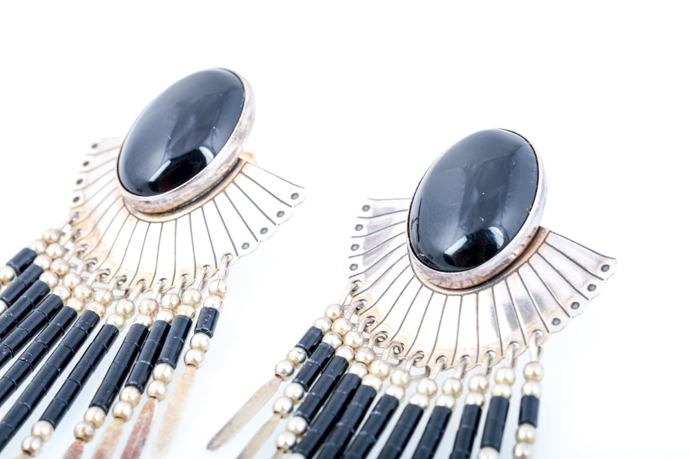Sterling Silver Natural Onyx Chandelier Earrings and Ring EBTH