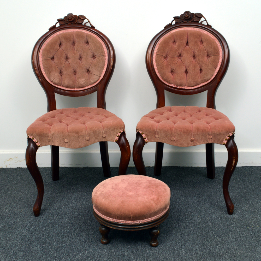 Vintage Victorian Style Upholstered Accent Chairs With Foot Stool EBTH