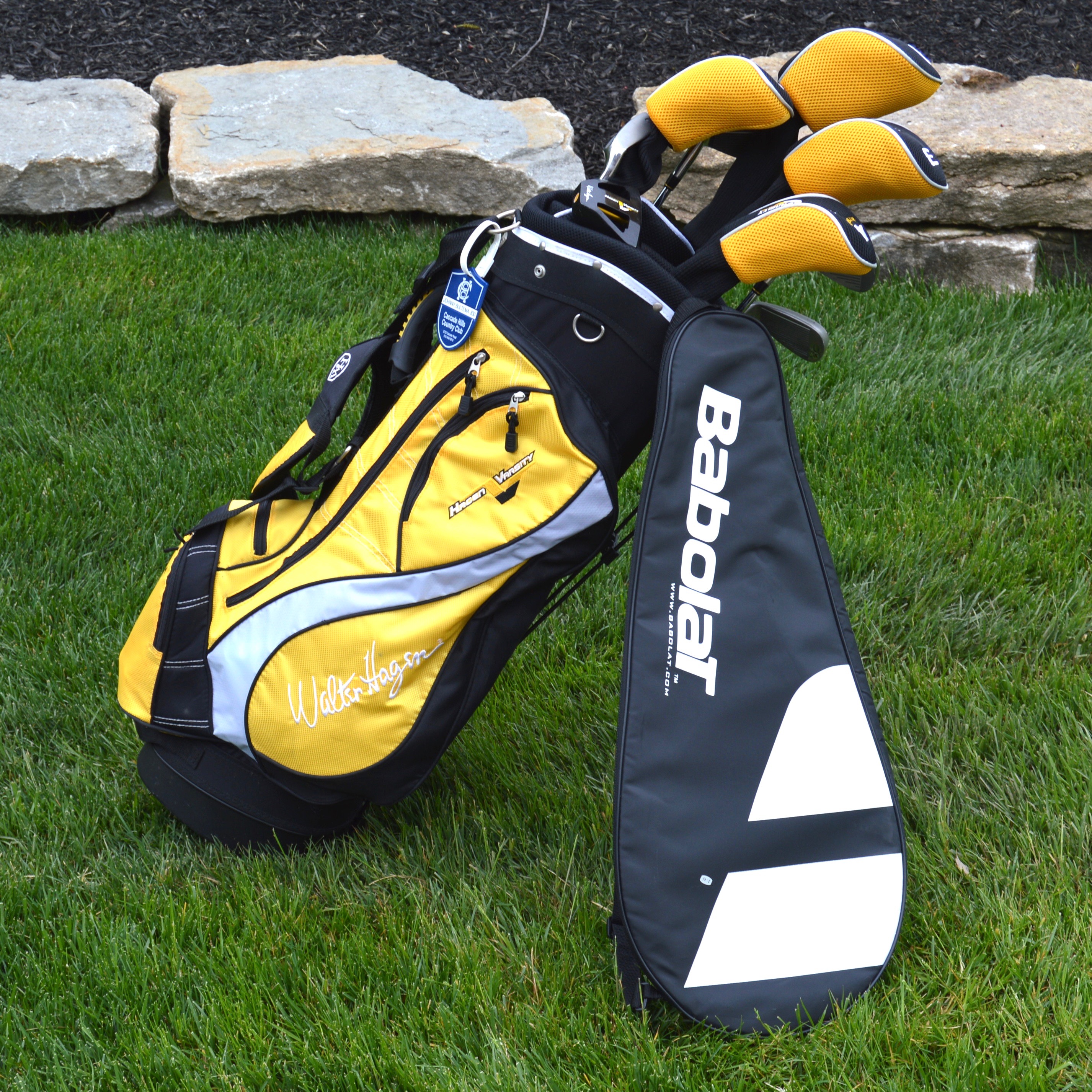 Golf Bag, Clubs by Walter Hagen and Tennis Racket EBTH