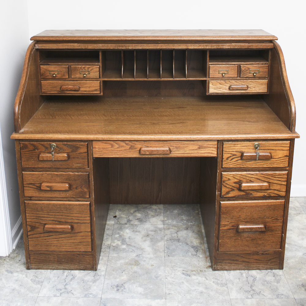 Mid Century Pine Roll Top Desk Ebth