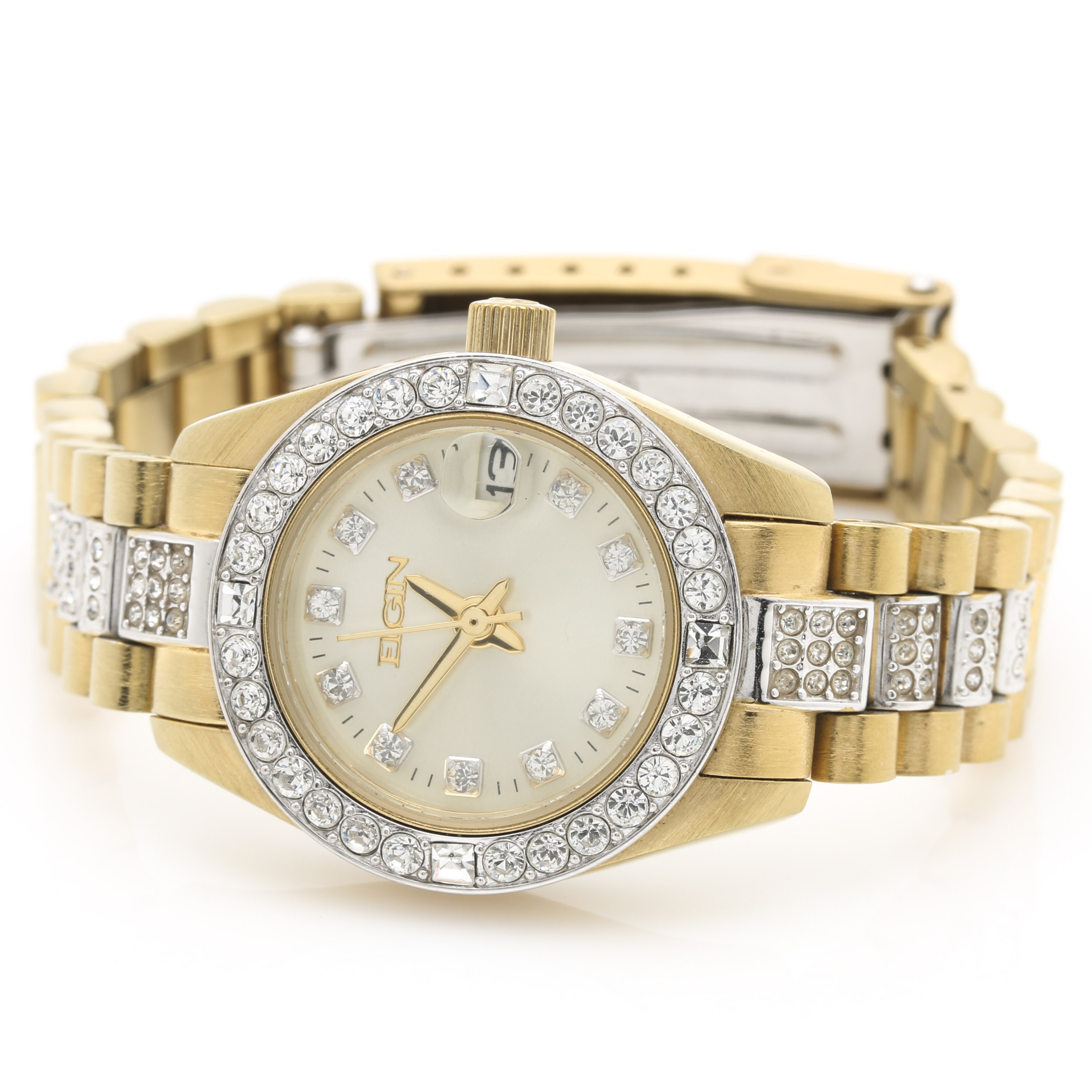 Elgin Gold Tone Crystal Wristwatch EBTH
