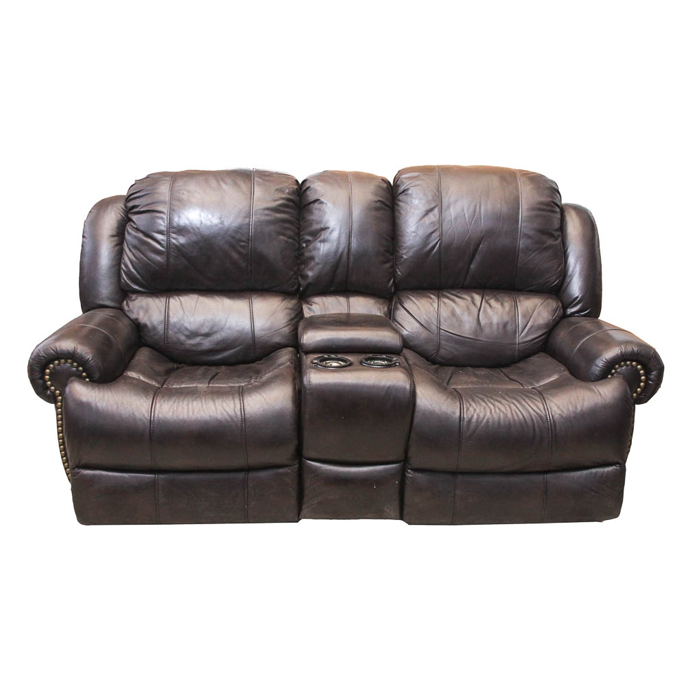 Leather Power Recliner Media Room Loveseat With Light Up Cup Holders