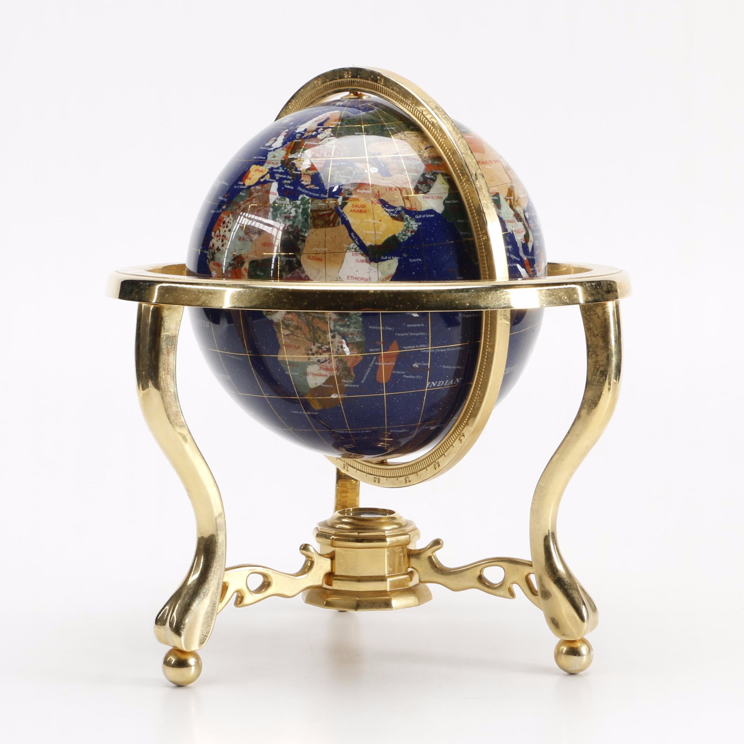 Globe with Stone Inlay on Brass Stand EBTH