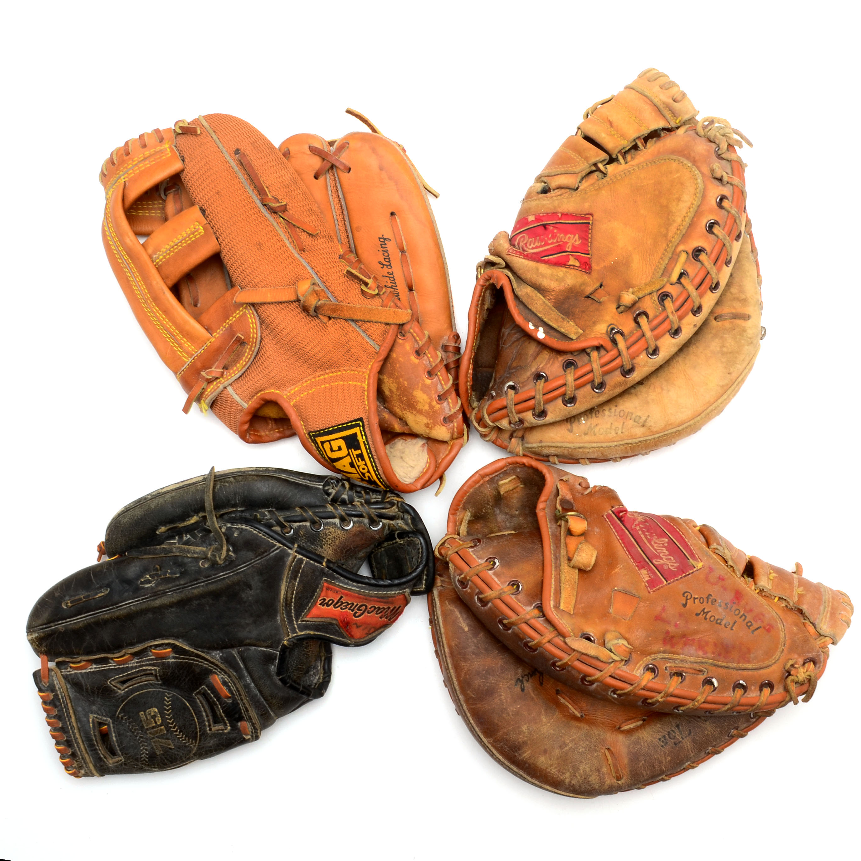 Four Vintage Leather Baseball Gloves Or Mitts EBTH