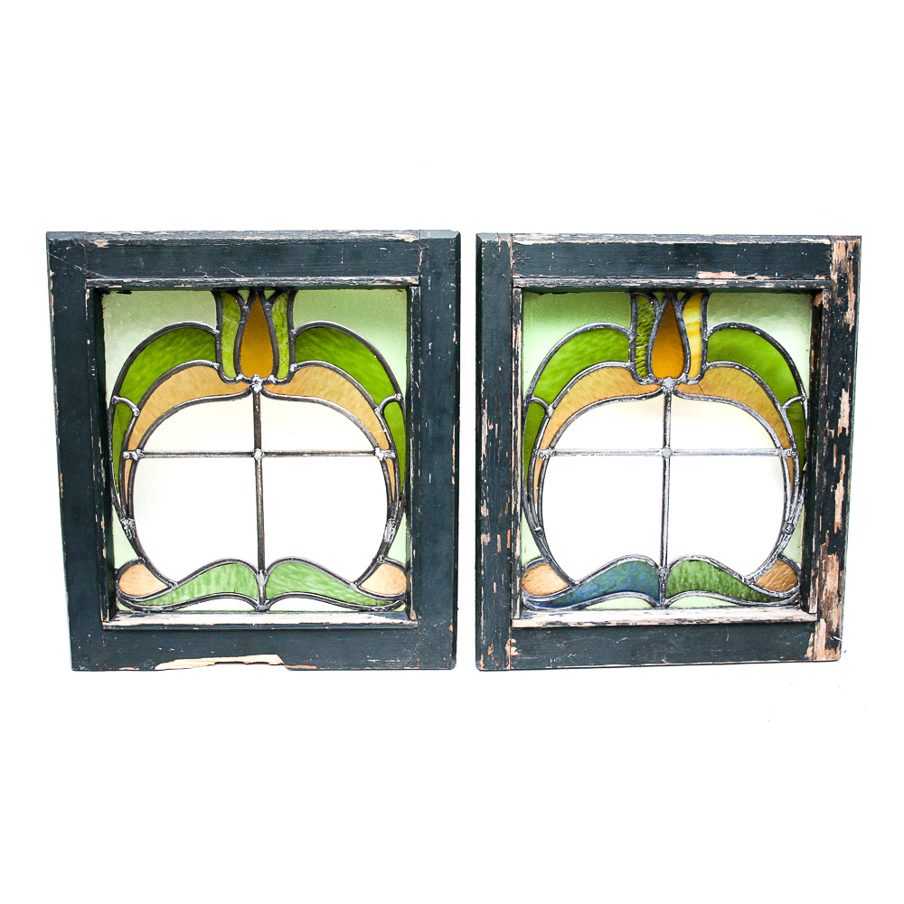 Pair of Antique Leaded Stained Glass Windows EBTH