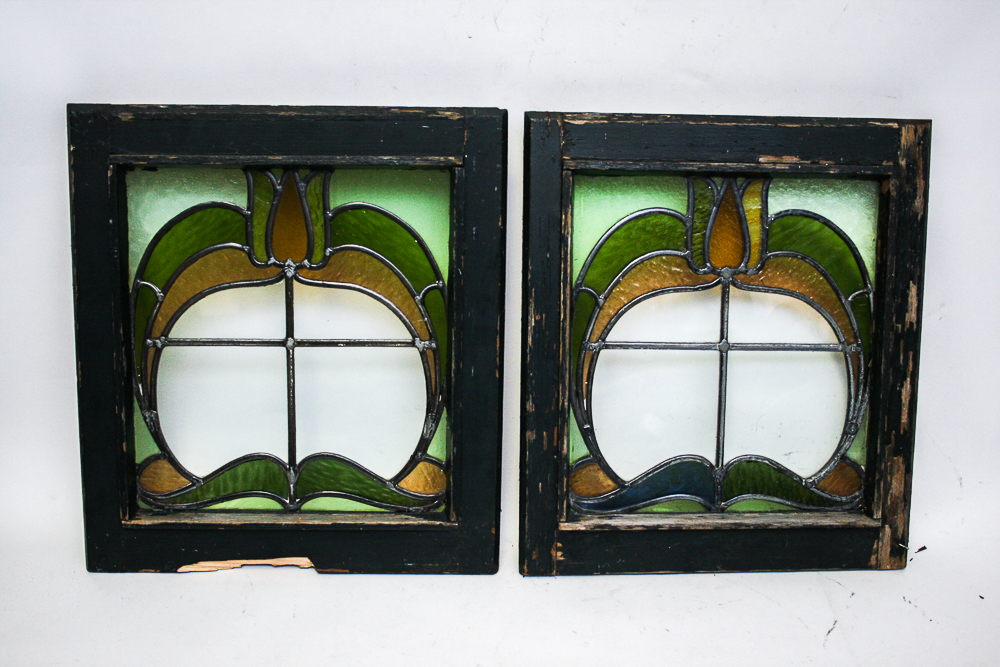 Pair of Antique Leaded Stained Glass Windows EBTH