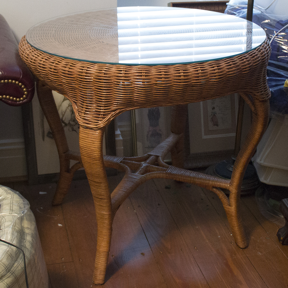 Round Glass Topped Wicker Table EBTH