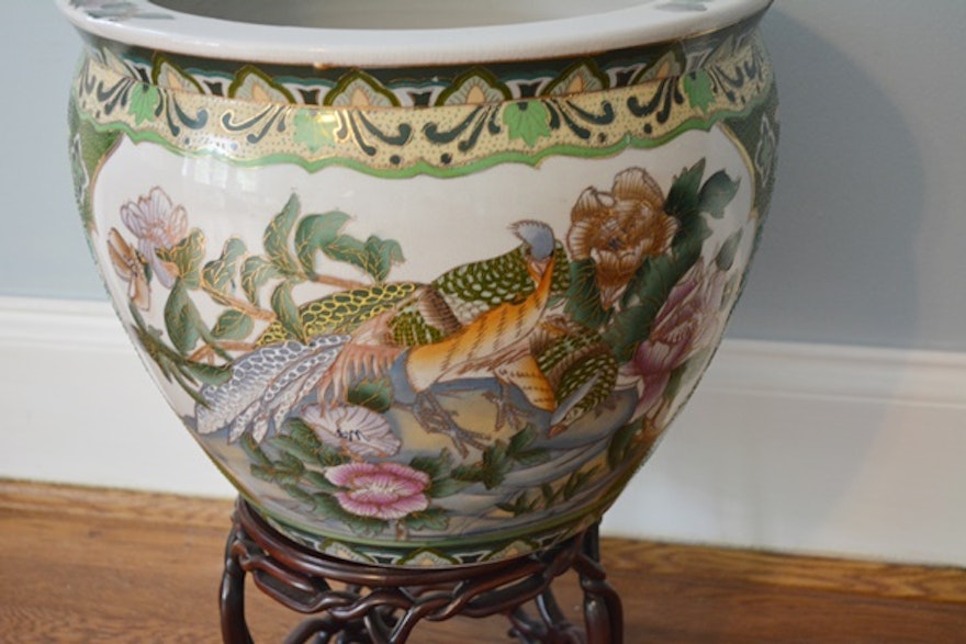 Chinese Porcelain Fish Bowl Planter and Stand | EBTH