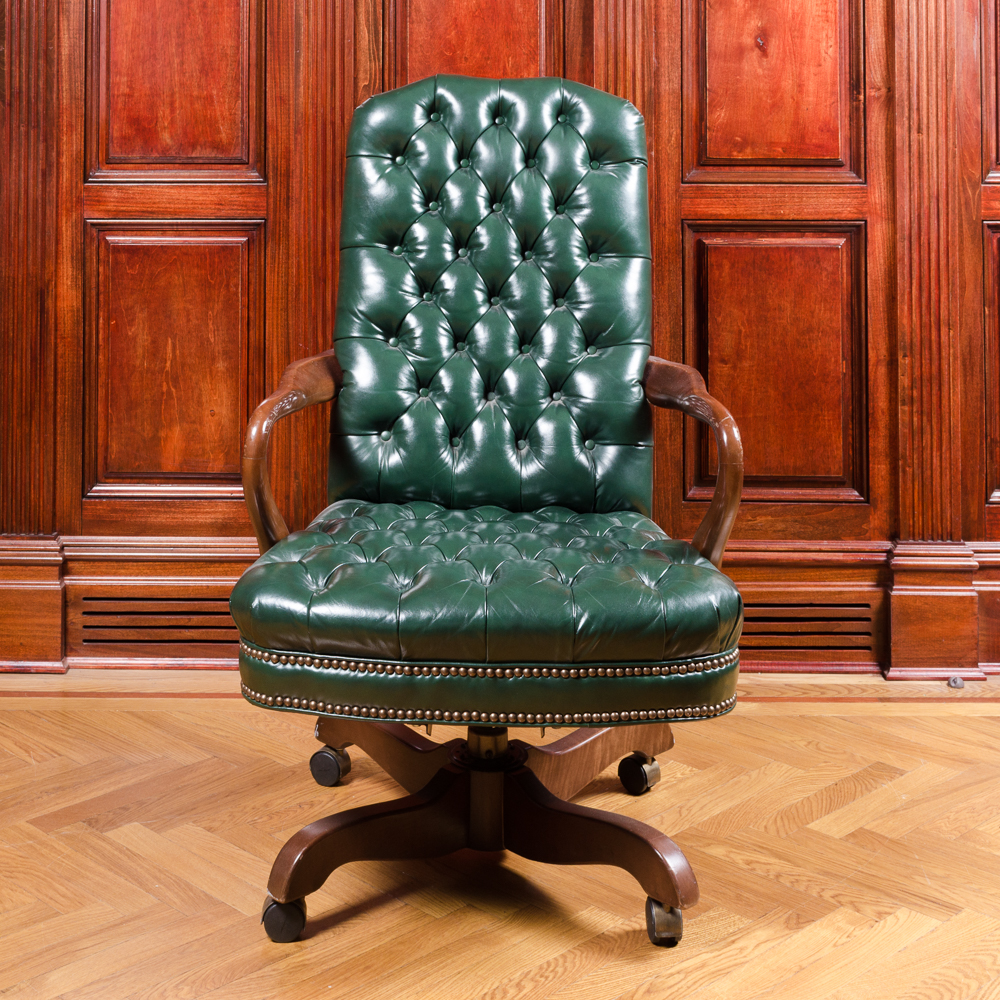 Vintage Tufted Green Leather Office Chair EBTH   DSC 4983 